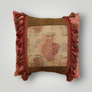 French Tapestry Throw Pillow Appx. 15x15" Fringed Tassels Vase Pottery